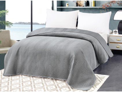 Luxusní šedý sametový přehoz ARROW VELVET se vzorem pro moderní ložnici