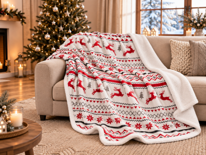 Vánoční bílá beránková deka z mikroplyše RETRO CHRISTMAS