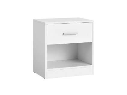 Bílý noční stolek CLARIO se zásuvkou a policí, kompaktní rozměry 39x28 cm, elegantní design do ložnice.