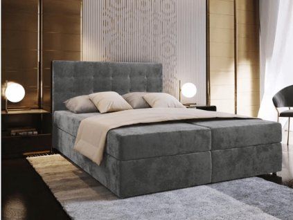 Stylová čalouněná postel boxspring GLORIEN VELVET 140x200 cm šedá