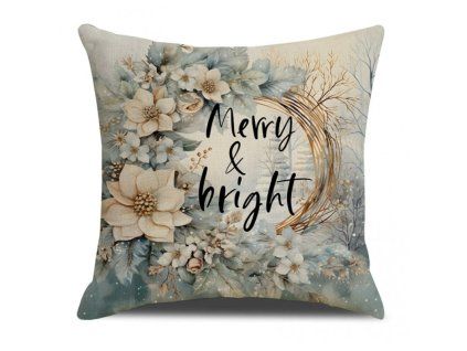 Vánoční povlak na polštář MERRY & BRIGHT 45x45 cm s květinovým věncem