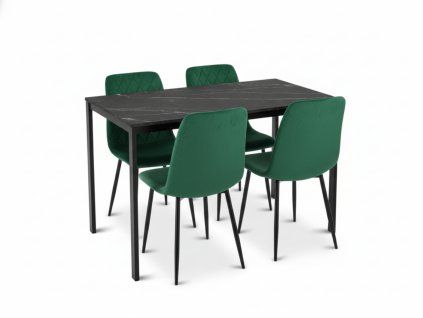 Jídelní set 1 + 4, černý stůl RAMOD 100x60 cm mramorový dekor + zelená židle TURIN s černými nohami