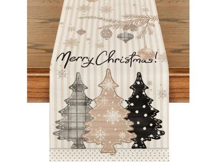 Lněný vánoční běhoun NOEL BRUNCH 33x180 cm s moderními stromečky