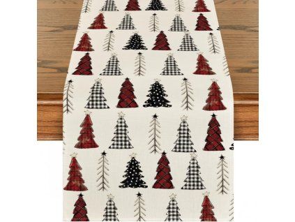 Lněný vánoční běhoun MERRY TREES 33x180 cm s červenými stromečky