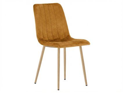 Hořčicová sametová židle LAVA s kovovými nohami a moderním designem do jídelny i obýváku