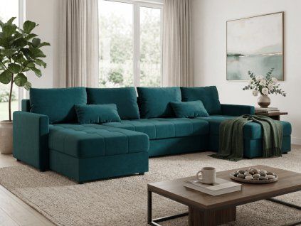 Rozkládací sedací souprava do U VENORIA 285x146 cm petrolejová + 2 polštářky zdarma