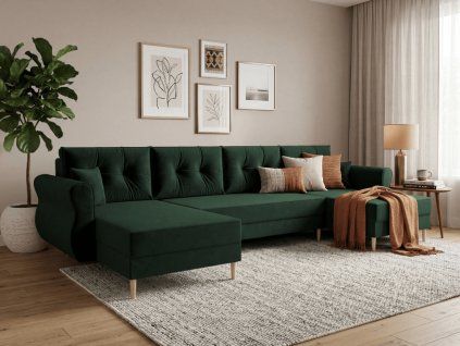 Rozkládací sedací souprava do U SILVIANO 300x140 cm tmavě zelená moderní design