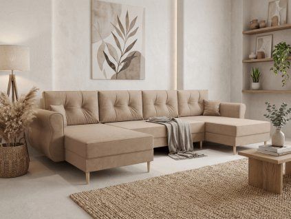 Rozkládací sedací souprava do U SILVIANO 300x140 cm béžová + 2 polštářky zdarma