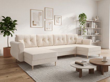 Rozkládací sedací souprava do U SILVIANO 300x140 cm krémová + 2 polštářky zdarma