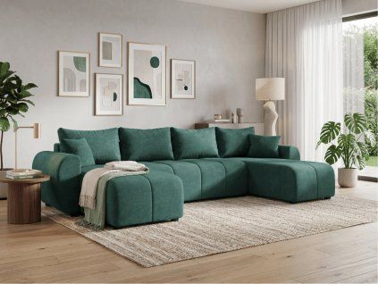 Rozkládací oboustranná sedací souprava do U SEVIO 311x145 cm lahvově zelená + 2 polštářky zdarma