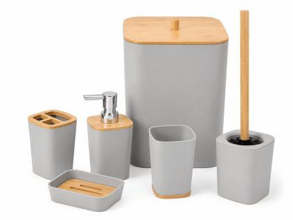 Koupelnový set NATUREO 6 ks, bambus/šedá – elegantní doplňky do moderní koupelny