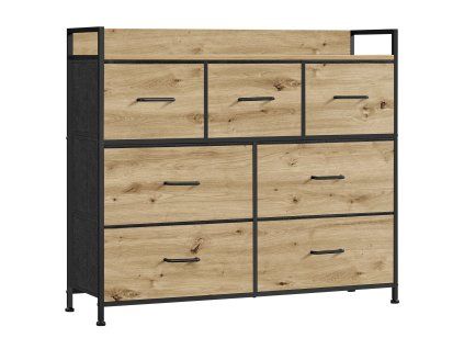 Komoda s textilními zásuvkami ALESIA 98x85 cm, dub artisan do ložnice s černou kovovou konstrukcí