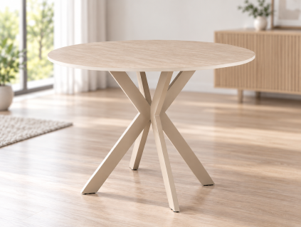 Kulatý jídelní stůl TALIA 90 cm s keramickou travertinovou deskou, béžový do moderní jídelny