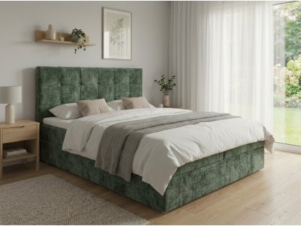 Čalouněná postel boxspring DIRELIS VIBE 140x200 cm tmavě zelená s vysokým čelem