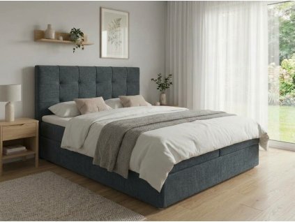 Čalouněná postel boxspring DIRELIS VIBE 140x200 cm tmavě šedá s vysokým prošívaným čelem
