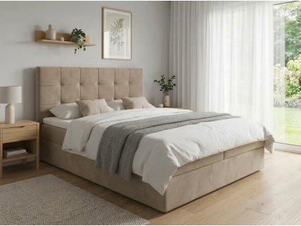 Čalouněná postel boxspring DIRELIS TRINITY 140x200 cm béžová s vysokým prošívaným čelem