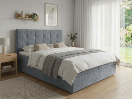 Čalouněná postel boxspring DIRELIS TRINITY 140x200 cm šedá s vysokým prošívaným čelem