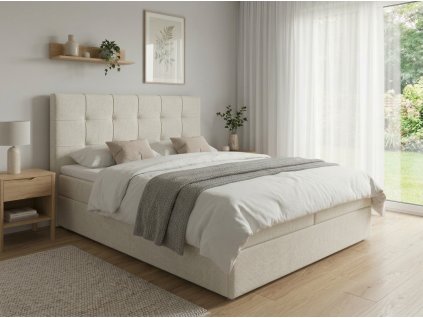 Čalouněná postel boxspring DIRELIS VIBE 160x200 cm krémová s vysokým prošívaným čelem