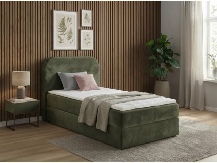 Čalouněná postel boxspring FORENA 90x200 cm tmavě zelená s vysokým zaobleným čelem