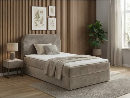 Čalouněná postel boxspring FORENA 90x200 cm béžová s vysokým zaobleným čelem