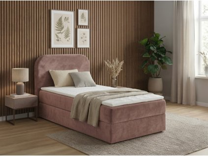 Čalouněná postel boxspring FORENA 90x200 cm starorůžová s vysokým zaobleným čelem