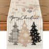 Lněný vánoční běhoun NOEL BRUNCH 33x180 cm s moderními stromečky