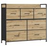 Komoda s textilními zásuvkami ALESIA 98x85 cm, dub artisan do ložnice s černou kovovou konstrukcí